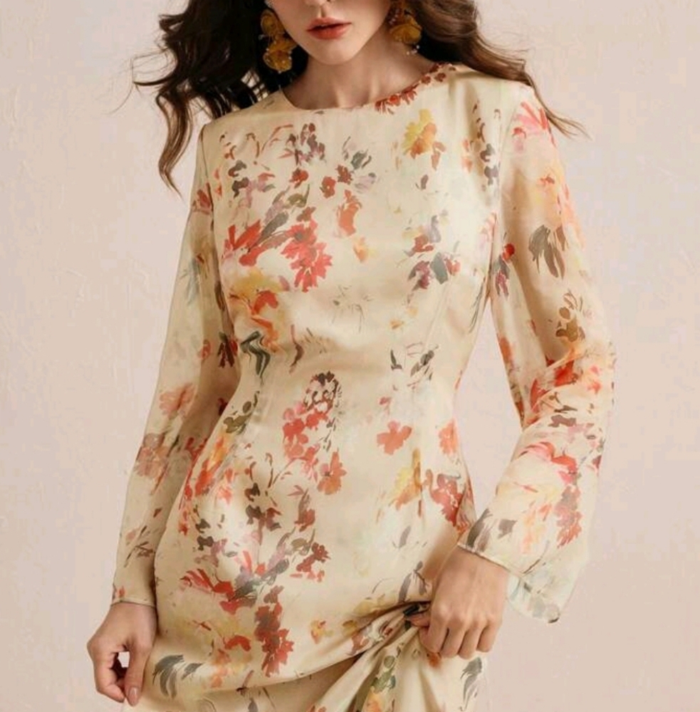 Women's Floral Print Long Sleeve Vacation Style Elegant Fashion Dress - Picture 3 of 4
